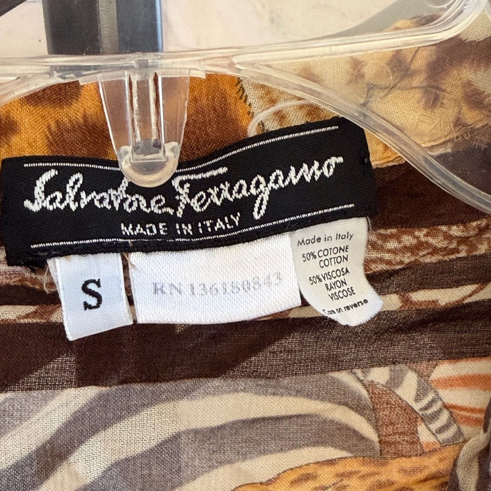 Vintage Salvatore Ferragamo Brown, Tan and Cream Animal Print Button-Down shirt - Picture 6 of 9